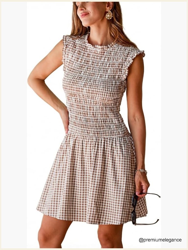 Sleeveless Plaid Mini Dress Smocked Bodice A-Line Ruffle Tank Summer